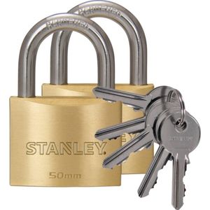STANLEY Solid messing hangslot 50 mm met standaard beugel, set van 2, gelijksluitend, 5 sleutels, S742-037, slot, beugelslot