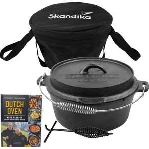 Skandika Dutch Oven Flame Master 5,1 L zonder pootjes – Barbecueplannen - Dutch Oven - Gietijzeren pan om in te koken, incl. receptenboek van de Sauerland BBCrew, ingebrand, met voetjes, deksel lifter, draagtas - Dutch Oven voor barbecueën - zwart