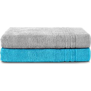 Komfortec Set van 2 Handdoeken 80x200 cm - 100% Katoen - XXL Saunahanddoeken - Badlaken - Strandlaken - Badhanddoek- Douchelaken - Zacht - Hoge Absorptie - Sneldrogend - Zilvergrijs&Turquoise.