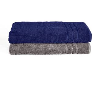 Komfortec Set van 2 saunadoeken, 70 x 200 cm, van 100% katoen, XXL-saunahanddoek, zacht, groot, badstof, sneldrogend, antraciet/marineblauw