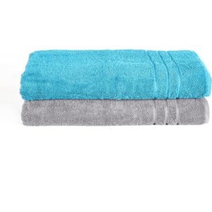 Komfortec 2 stuks saunahanddoeken & massagebed, 100% katoen, 470 g/m², zacht en absorberend, sneldrogend, afmetingen 70 x 200 cm, antracietgrijs, zilvergrijs/turquoise