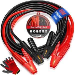 MASKO® Startkabels Auto 6 Meter 3000A voor benzine, diesel en hybride Motoren | Starthulp Jumpstarter Geschikt voor Auto, Vrachtwagen, Bus en Boot| inclusief handschoenen en opbergtas - Zwart / Rood