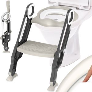 KIDIZ® Toiletbril voor kinderen Kindertoiletbril Toilettrainer met Trap en Handgrepen Opvouwbare Kindertoiletbril Potjestrainer Leren Potje Comfortabel Kussen en Brede Treden Toilettrappen In Hoogte Verstelbaar - Grijs