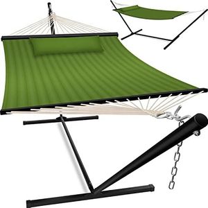 KESSER® Hangmat met Standaard en Kussen voor Binnen & Buiten XXL | Dubbele Hangmat HILL geschikt voor 2 Personen met metalen Frame | Hangstoel Draagvermogen tot 200 kg Tuin Balkon Terras, Khaki