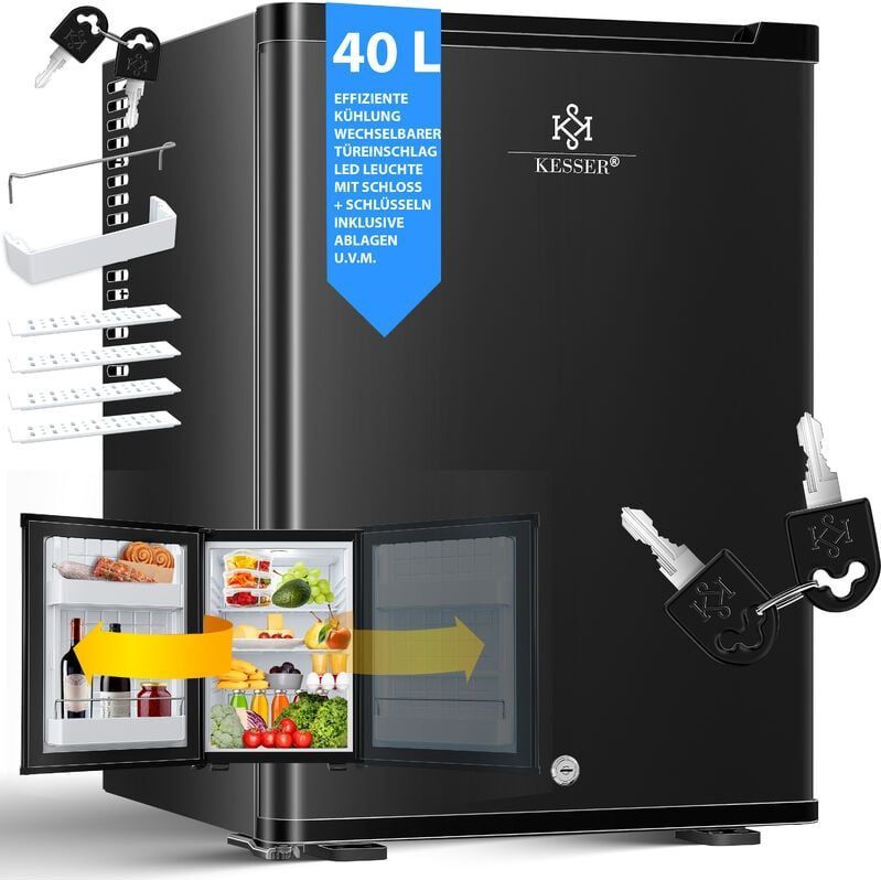 KESSER® Minikühlschrank mit Schloss, Minibar 40 Liter Nutzinhalt, Leise 22db, Abschließbar, Schlafzimmer, Wechselbarer Türanschlag, ca. 4°-16°C Höhe 57cm, Innenbeleuchtung Tisch-Kühlschrank