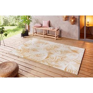 Bougari Lagosi Plat geweven tapijt voor binnen en buiten, 120 x 170 cm, bloemenpalmdesign, 100% polypropyleen, uv- en vochtbestendig, voor balkon, terras, tuin en woonkamer), crème goud