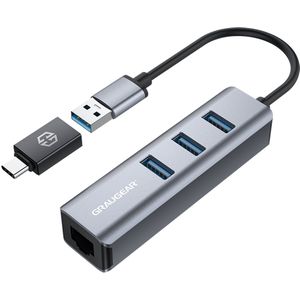 Graugear - USB-Hub - Zilver - Aluminium - 3x USB-A - RJ45 Ethernet-LAN