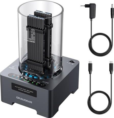 M.2 NVMe SSD-Clone-station voor M.2 PCIe, M-Key, USB 3.2 Gen2 x 2 20 Gbps docking-station, 60 mm stille ventilator, voeding