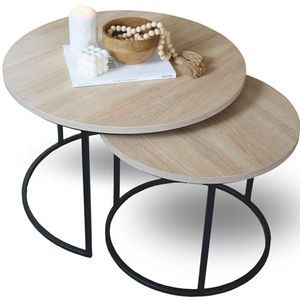 holz4home® Salontafel set van 2 MDF Sonoma eiken I ronde bijzettafel in industriële stijl I metalen frame gepoedercoat I combinatie van woonkamertafel