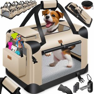 Hundebox Hundetransportbox faltbar Inkl.Hundenapf Transporttasche Hundetasche Transportbox für Haustiere Hunde und Katzen Haustiertransportbox Beige