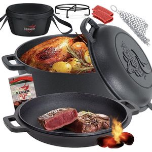 Dutch Oven 2in1 Gusseisen Topf 4 8L und Pfanne 1 8L einsatzfertig eingebrannt Inkl. Kochbuch Schmortopf Doppelfunktion Deckel/Bratpfanne Schwarz