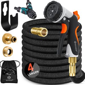 KESSER® Premium Tuinslang flexibel 15 meter - uitrekbare Tuinslang inclusief aansluitingen, Ophanghaak en Sproeikop - Zwart