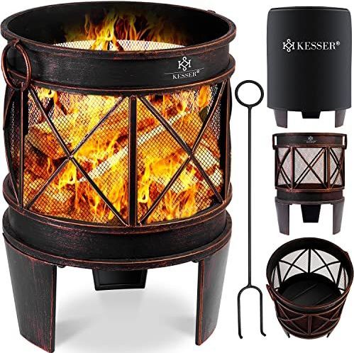KESSER® Feuerschale Inkl. Abdeckung Feuerkorb mit Funkenschutz & Griffen + Schürhaken Feuerstelle 58 x 45 cm für Garten & Terrasse Metall Antik-Rost-Optik Multifunktional Fire Pit Heizung BBQ