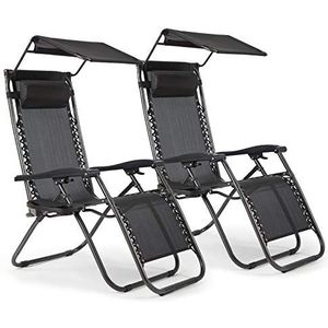IntimaTe WM Heart Tuinstoelen, 2-delige set, opvouwbare ligstoel, ergonomische ligstoel met zonnedak, hoofdsteun en bekerhouder, inklapbaar, 2-delige set, verstelbare rugleuning, zwart