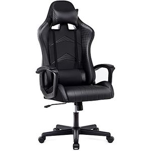 IntimaTe WM Heart D1001020 Gamingstoel, ergonomische racestoel met hoge rugleuning, draaibare lederen met verstelbare hoofdsteun en lendenkussen voor kantoor en thuis,60.5 x 65 x 120 cm, zwart