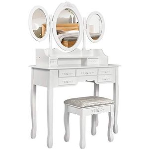 Meerveil Kaptafel met 3 spiegels, 7 laden en kruk van MDF, wit, grote opbergruimte voor slaapkamer, 90 x 40 x 151 cm