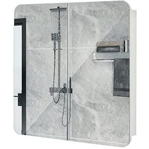 Meerveil - Toiletkast met spiegel – wandspiegel voor badkamer met 2 deuren, spiegel, 5 planken, modern hout, 68 x 13 x 66 cm, wit