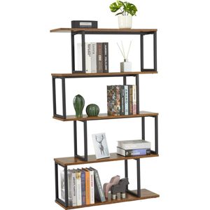 Meerveil Boekenkast, staand rek met 4 niveaus, opbergrek van hout, S-vorm, industrieel design, 74 x 24 x 128 cm, decoratief rek voor planten en boeken, woonkamer, slaapkamer, kantoor, bruin