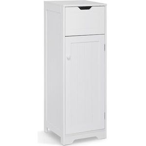 Meerveil Badkamerkast, smal, badkamerkast met 1 lade, 1 deur, 2 planken, 32 x 30 x 87 cm, wit MDF hout gelakt, badmeubel voor badkamer, keuken, woonkamer, ingang