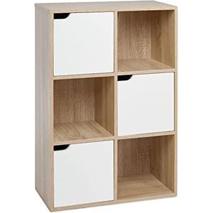 Meerveil Opbergkast met 6 kubussen, boekenkast met 3 niveaus, boekenkast met deuren, hout, voor woonkamer, slaapkamer, thuiskantoor, 60 x 30 x 90 cm, eiken, wit