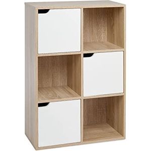 Mondeer Opbergkast met 6 kubussen en 3 niveaus, boekenkast met deuren, houten boekenplank, vitrinekast voor woonkamer, slaapkamer, thuiskantoor, 60 x 30 x 90 cm, eiken en wit