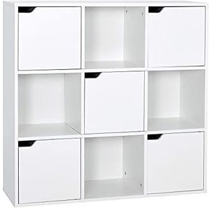 Meerveil Boekenkast wit, 9 kubusopbergunit, 3-laags boekenplank met 5 deuren, houten plankorganizer vitrinekast voor woonkamer, slaapkamer, thuiskantoor, 90 x 30 x 90 cm