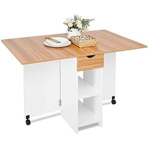 Meerveil Mobiele klaptafel, inklapbare eettafel, geschikt voor kleine ruimtes met 1 lade en 2 planken voor eetkamer, keuken, wit en rodevijver