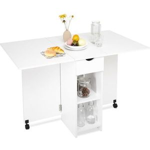 Meerveil Mobiele klaptafel, inklapbare eettafel, geschikt voor kleine ruimtes met 1 lade en 2 planken voor eetkamer en keuken, wit