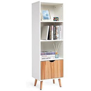 Meerveil Boekenkast, boekenkast met 1 lade en 3 open ruimtes van hout, Scandinavische stijl, voor woonkamer, slaapkamer, werkkamer, 40 x 30 x 129 cm, wit en eiken