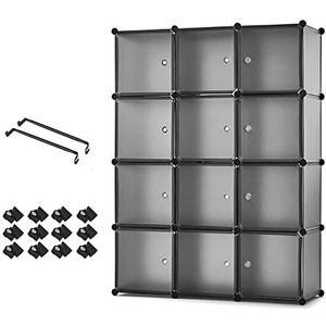 Mondeer Draagbare kledingkast, opbergrek, modulaire opbergkubus van kunststof, van metaal, stabiel, speelgoed (doorschijnend grijs, 12 kubussen)