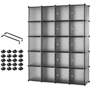 Meerveil Kledingkast, kledingkast, kledingkast, kunststof, 2 kledingstangen, voor zelfmontage, modulair, ruimtebesparend, grijs, 145 x 37 x 180 cm, 20 kubussen