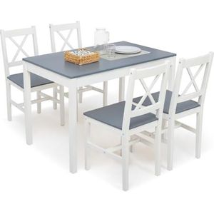 Meerveil Eettafel met 4 stoelen, eetgroep, eetkamerset, massief houten tafel, klassieke stijl voor eetkamer, keuken, 108 x 65 x 73 cm, blauw