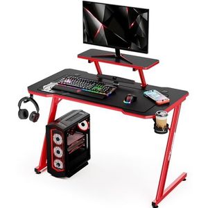 Intimate WM Heart Gaming Bureau, ergonomische gaming computer bureau, koolstofvezel tafelblad E-Sports bureau met verstelbare monitor plank, draaibare oortelefoon, beker, handvat houders, zwart rood