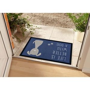 Hanse Home Deurmat deurmat deurmat vuilvanger entreetapijt binnen en buiten belettering anti-slip verschillende motieven 45x75 cm, kleur: Life is Better Dog blauw