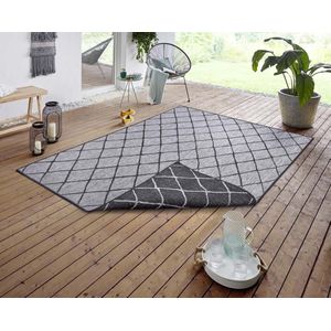 NORTHRUGS In- en outdoor tapijt Malaga 80x150cm - omkeerbaar tapijt weerbestendig modern geometrisch patroon voor balkon, terras tuin serre keuken woonkamer tapijt waterdicht in night silver