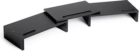 Mondeer Monitorstandaard voor bureaus, dubbele computerschermverhoger, hout met verstelbare lengte, draaihoek, 3 extra organizersleuven met kabelbeheer voor laptop, pc, printer, tablet, zwart