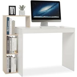 Mondeer Compact computerbureau met 3 opbergplanken, ruimtebesparend schrijfbureau, 110 x 40 x 92 cm, voor thuiskantoor, werkstation, studie, wit en eiken