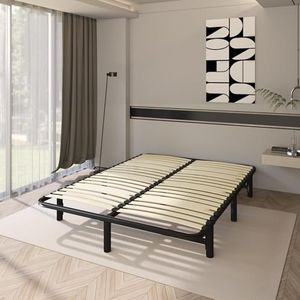Mondeer Platformbedbodem voor tweepersoonsbed, houten latten en metalen standaard, volledig demonteerbaar, voor matrassen van 135 x 190 cm