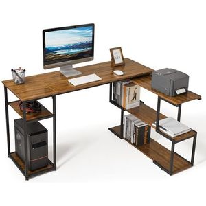 Mondeer Computerbureau, L-vorm, hoekbureau, 360° draaibare planken en verstelbare opbergplanken, ruimtebesparend, voor thuis, kantoor, studio, werkstation, bruin