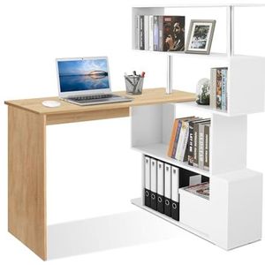Meerveil Computertafel, L-vormig, hoekbureau, met 360 graden draaibare boekenkast voor werkkamer, woonkamer, kantoor, 157 x 45 x 130,5 cm, eiken (tafelblad) en wit (rek)