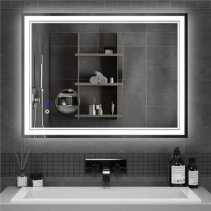Mondeer Led-badkamerspiegel met verlichting, 80 x 60 cm, wandspiegel met aanraakschakelaar, anti-condens en afneembaar, 5 x vergrootglas, 3 lichtkleuren, dimbaar, voor badkamer (3000 K - 6500 K)