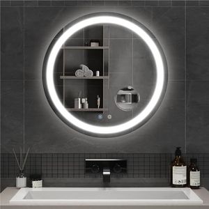 Mondeer Led-badkamerspiegel, rond, 60 cm, met verlichting, touch-schakelaar en anti-condens, afneembaar, 5 x vergrootglas, 3 lichtkleuren, dimbaar, voor badkamer (3000 K - 6500 K)