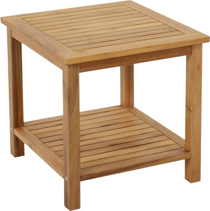 Spetebo Gartentisch Akazien Beistelltisch IOWA geölt - 45 x 45 cm (Packung, 1 Tisch), Holz Gartentisch mit 2 Ablagen