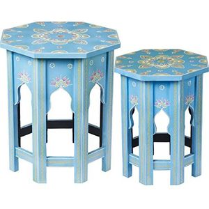 MARRAKESCH 2-delige set bijzettafeltje nachtkastje van hout 47 cm en 40 cm tafelkruk Boufa blauw als oosterse decoratie