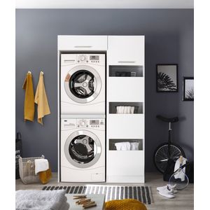 Wasmachine kast en wasmand kast - Wasmachine kast en droger kast - Wasmachine ombouw - Houten wasmachine meubel - Wit