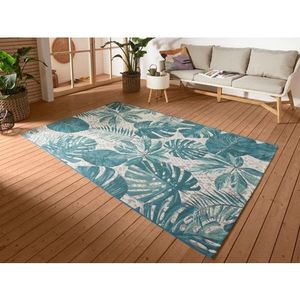 Hanse Home Tropical Leaves Tapijt voor binnen en buiten, plat geweven buitentapijt, juni-palmbladeren, Oeko-Tex, weerbestendig en uv-bestendig, voor balkon, terras, tuin, turquoise, 120 x 180 cm