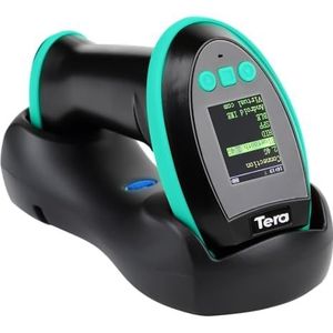 Tera 1D 2D QR barcodescanner met digitaal instellingsscherm: toetsbediening en laadstation, Duits bedieningsmenu en gebruikershandleiding, model HW0009, blauw