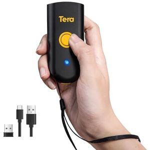 Tera Mini 1D barcodescanner: compacte waterdichte draadloze laserscanner 3-in-1, compatibel met Bluetooth, USB bedraad, draagbare barcodescanner voor logistiek werk met iOS, Windows, Android, geel