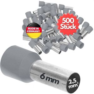 500 stuks Kalitec AE2506GR adereindhulzen geïsoleerd 2,5 mm² 6 mm lang grijs I Made in Germany I Industriële kwaliteit
