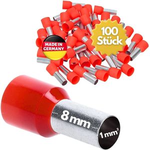 100 stuks Kalitec AE108RTSB adereindhulzen geïsoleerd 1,0 mm² 8 mm lang rood I Made in Germany I Industriële kwaliteit